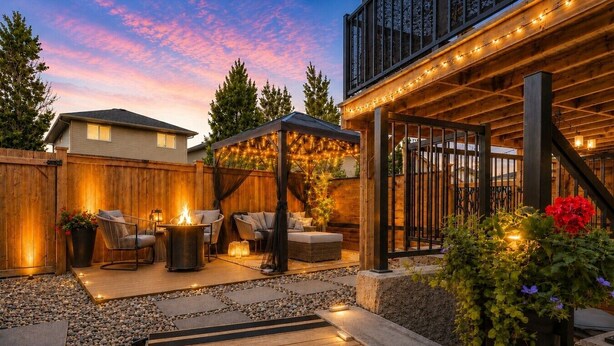 A wooden deck with outdoor seating, a fire pit, and string lights. - king/Hot Tub/full kitchen/private Backyard/BBQ/W/D (Lethbridge)