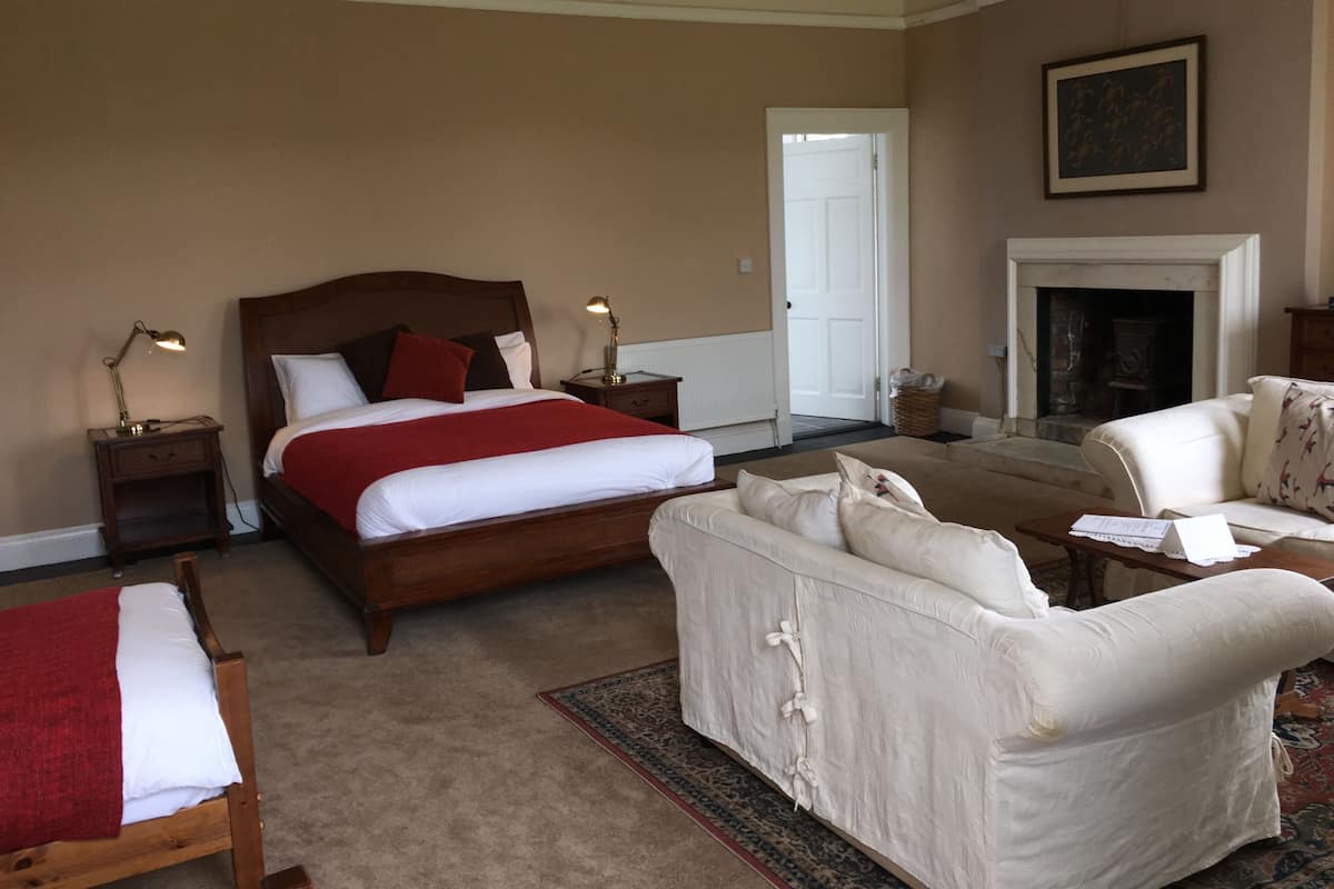 A bedroom with a large bed, a sofa, a fireplace, and a door leading to another room.