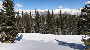 A snowy mountain landscape with evergreen trees and a clear blue sky. - Wonderful 2-bedroom condo in the heart of Avon for your perfect winter getaway (Avon)