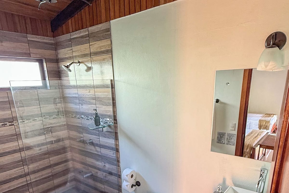 A bathroom with a wooden ceiling, a glass shower enclosure, a toilet, a sink, and a mirror.