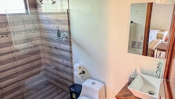 Shower, hair dryer, towels, soap
