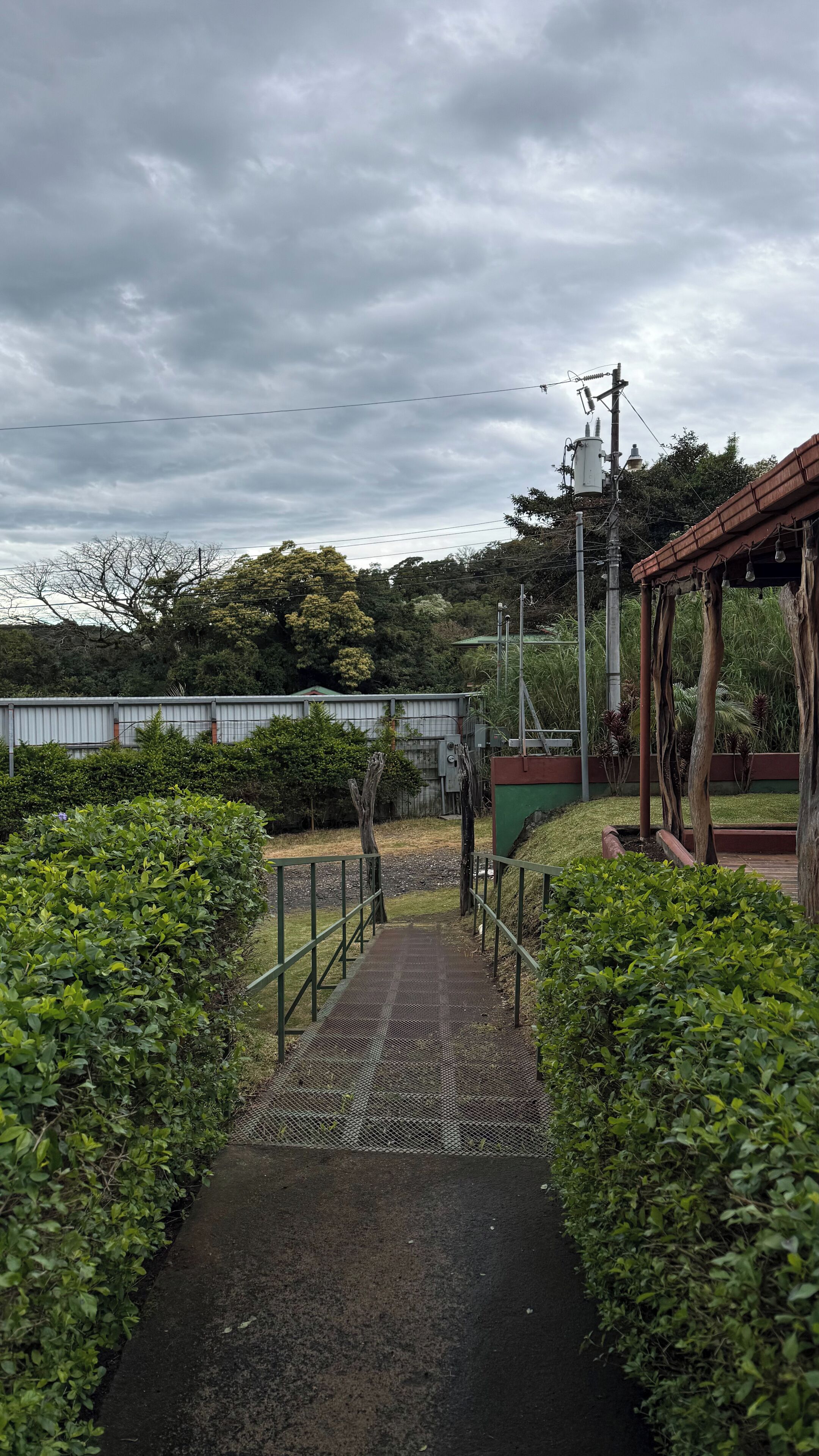 A pathway leading to a covered area with a metal railing, surrounded by greenery and utility poles.