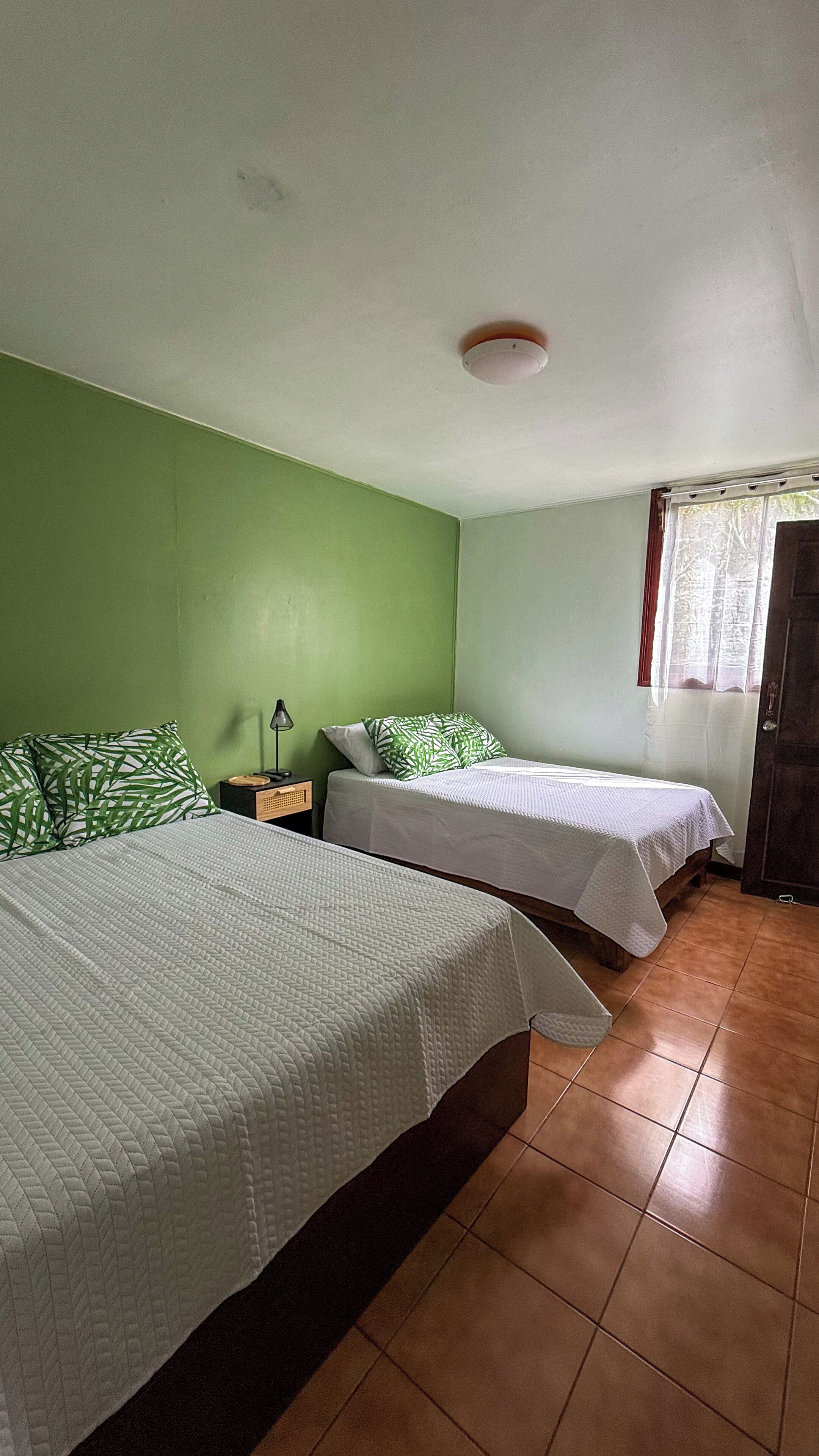 Una habitación con dos camas, paredes verdes, una ventana con cortinas e iluminación en el techo.