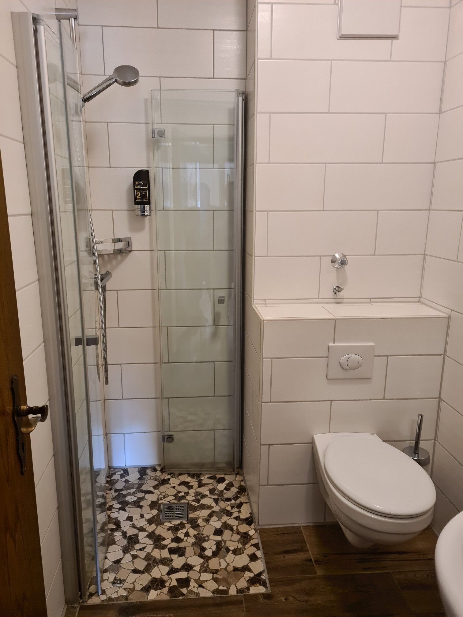 Une petite salle de bain avec une douche, des toilettes et un lavabo.