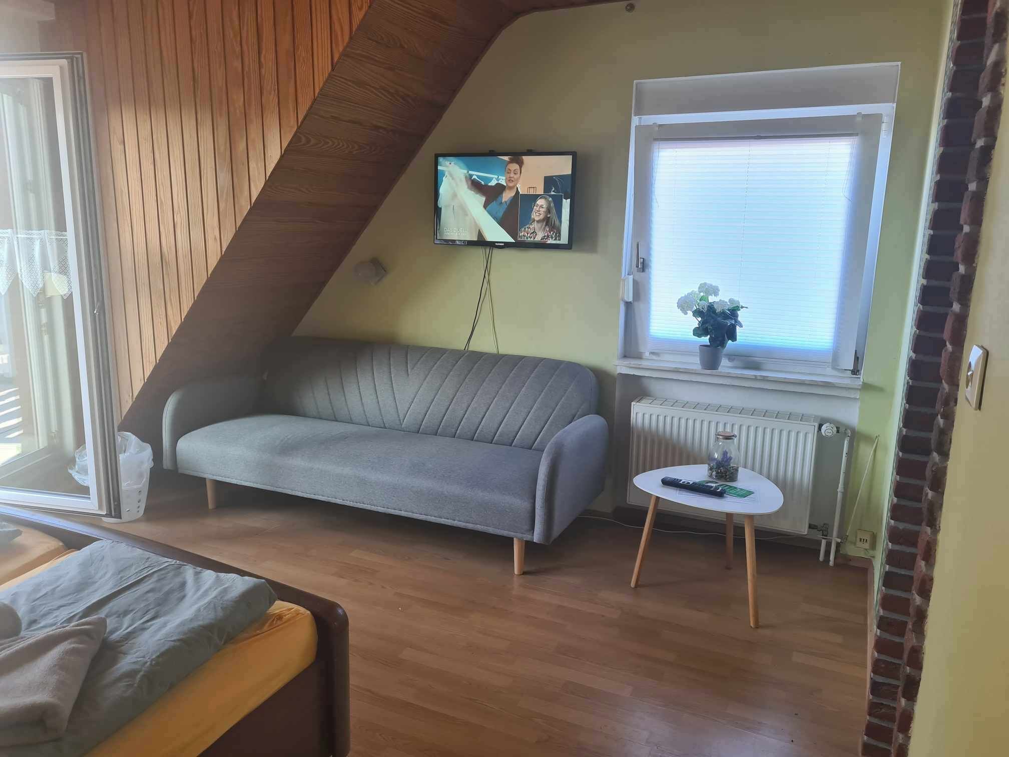 Una habitación acogedora con un sofá gris, una mesita con un control remoto, una ventana con persianas y un radiador.