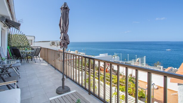 Un balcon avec vue sur la mer, des meubles d’extérieur et des plantes en pot.