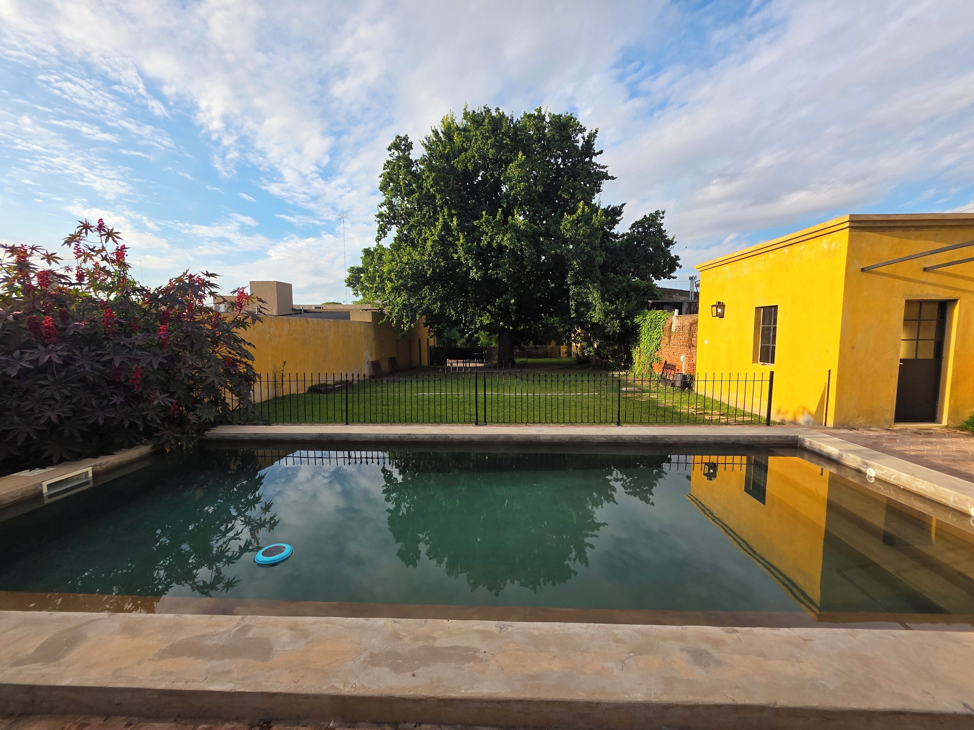A swimming pool with a clear reflection, surrounded by a yellow building and a large tree.