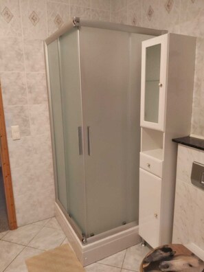 Ducha, secador de pelo, toallas, jabón