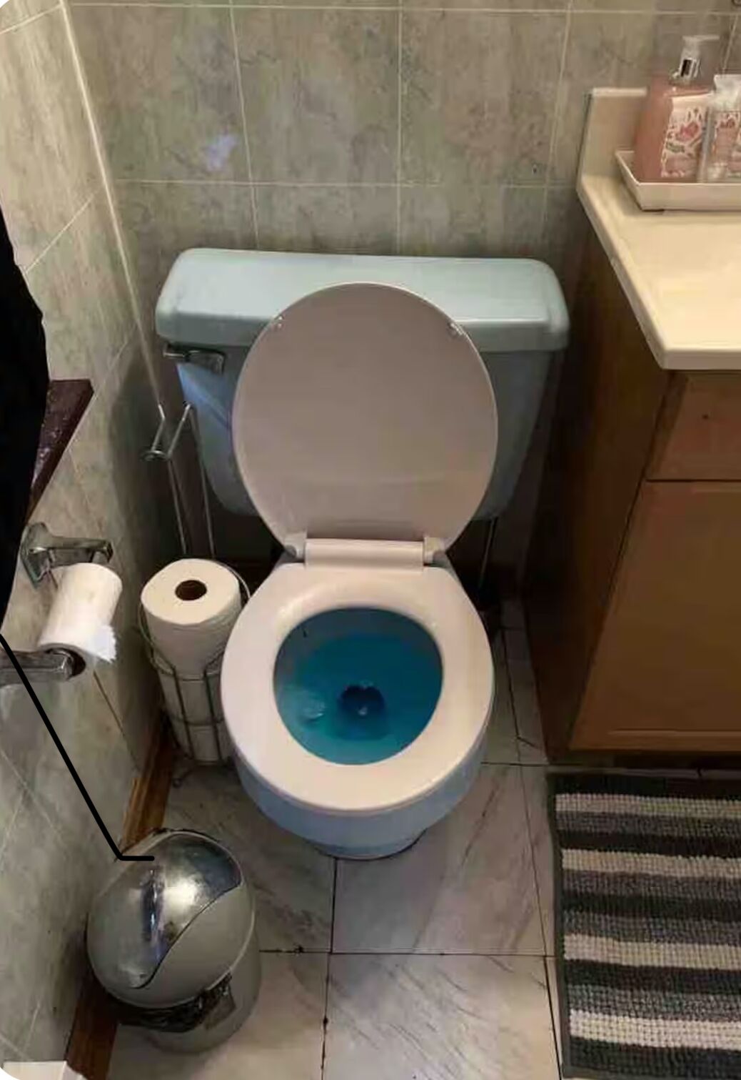 A bathroom with a toilet, a toilet paper holder, and a metal toilet seat cover.