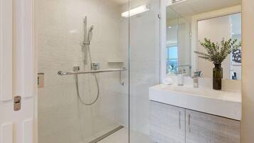 Shower, towels, soap, toilet paper