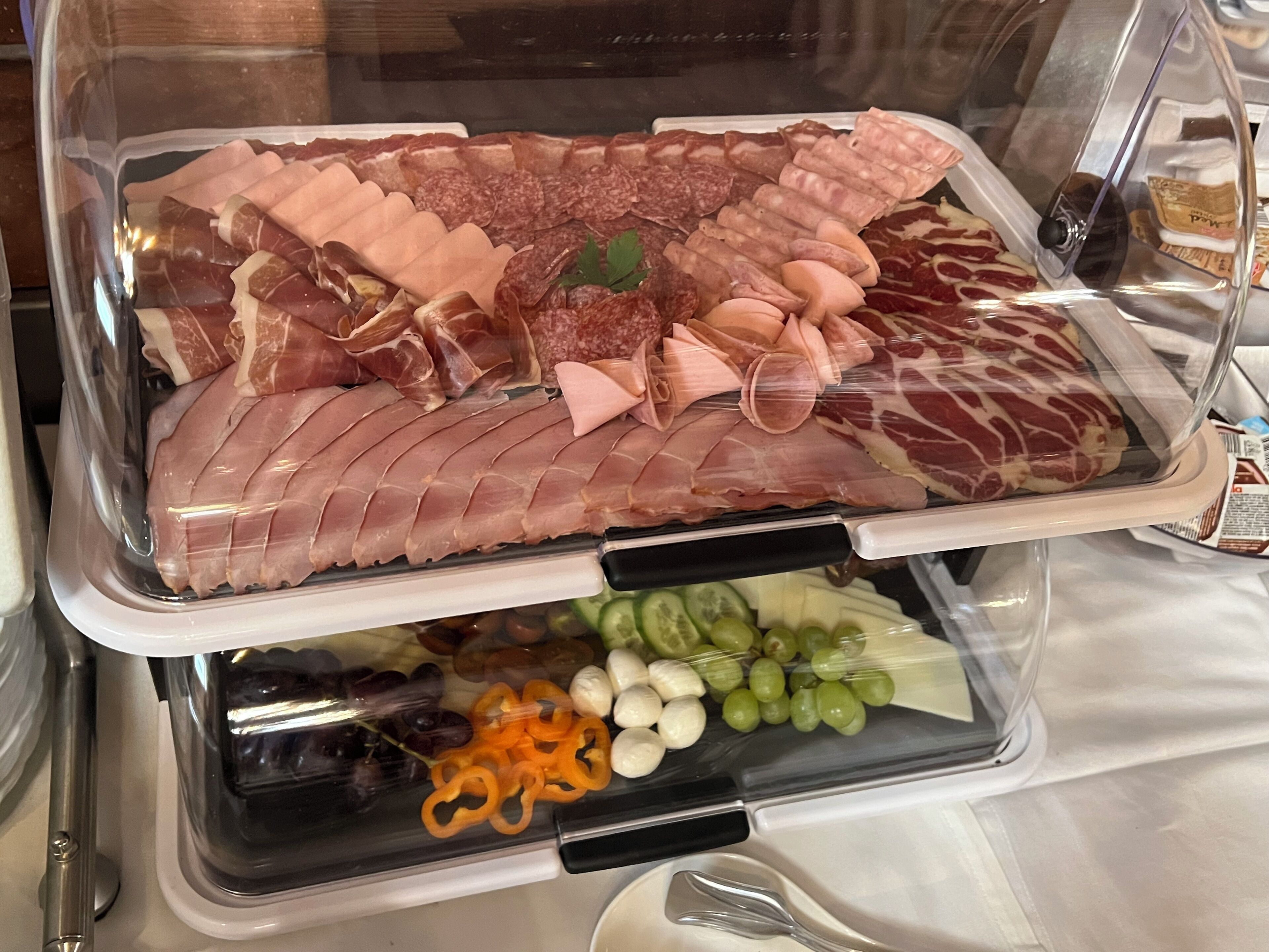 Vitrine com diversos tipos de embutidos e queijos, incluindo presunto fatiado, salame e presunto cru.