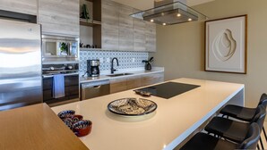 A modern kitchen with a large island, stainless steel appliances, and a minimalist design. - Vista Del Arco - Vista Vela Sunset (Cabo San Lucas)