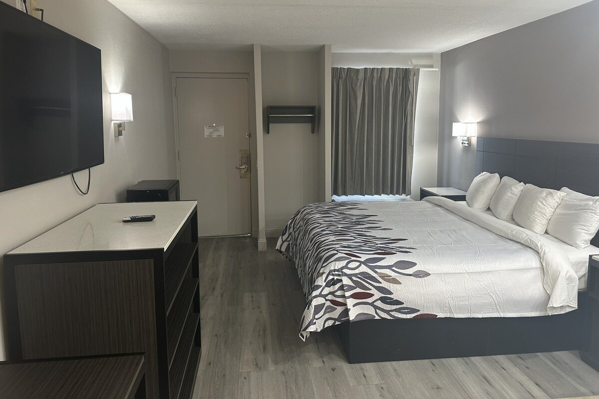 Una habitación de hotel con cama, escritorio, televisor y puerta.