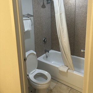 A bathroom with a toilet, a bathtub, and a shower curtain.