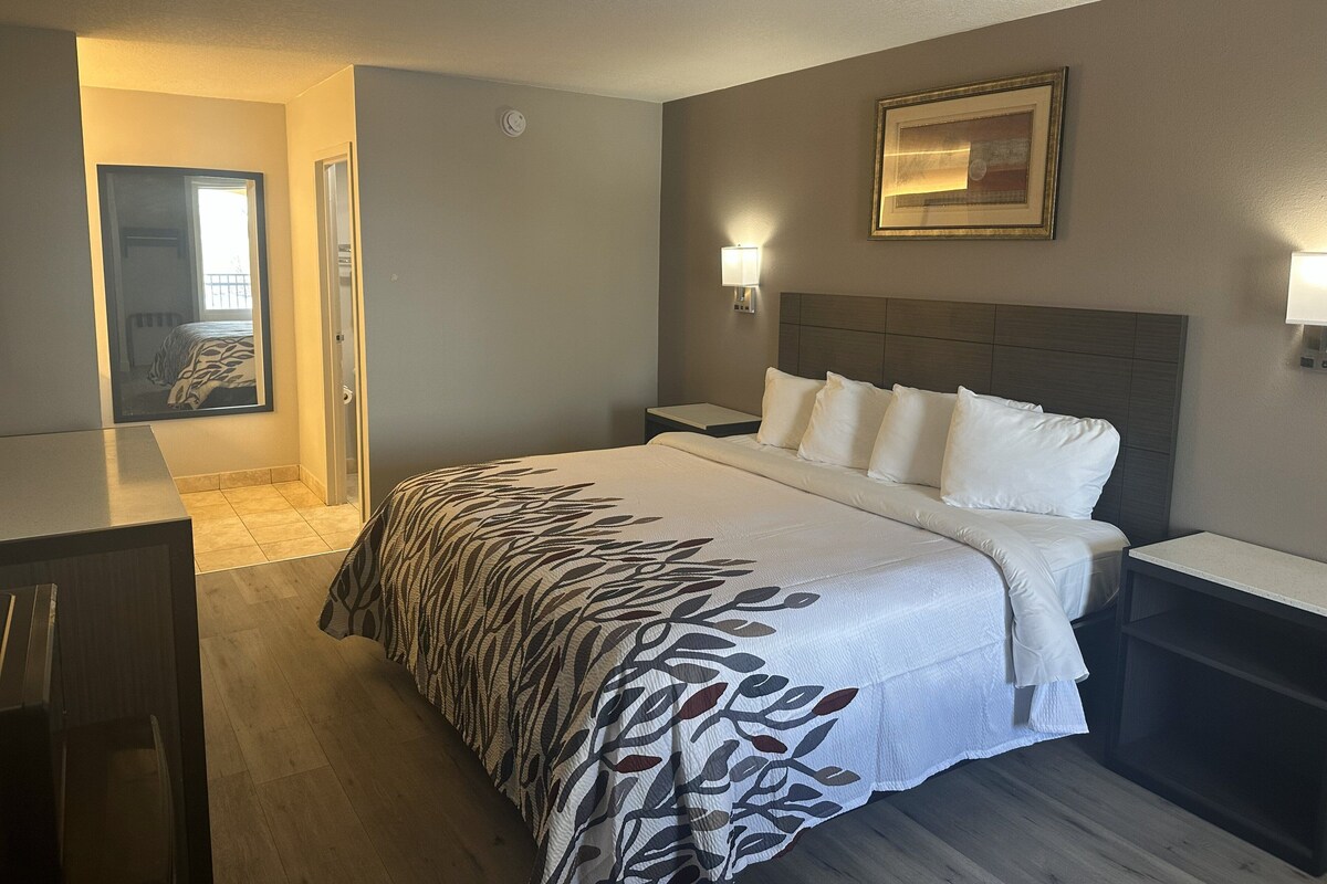 Una habitación de hotel con cama, mesitas de noche, un escritorio y un cuadro en la pared.