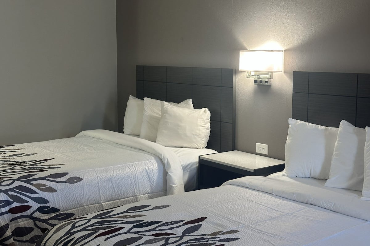 A hotel room with two beds, each with white bedding and a leaf-patterned duvet. There is a wall-mounted light fixture above the beds.