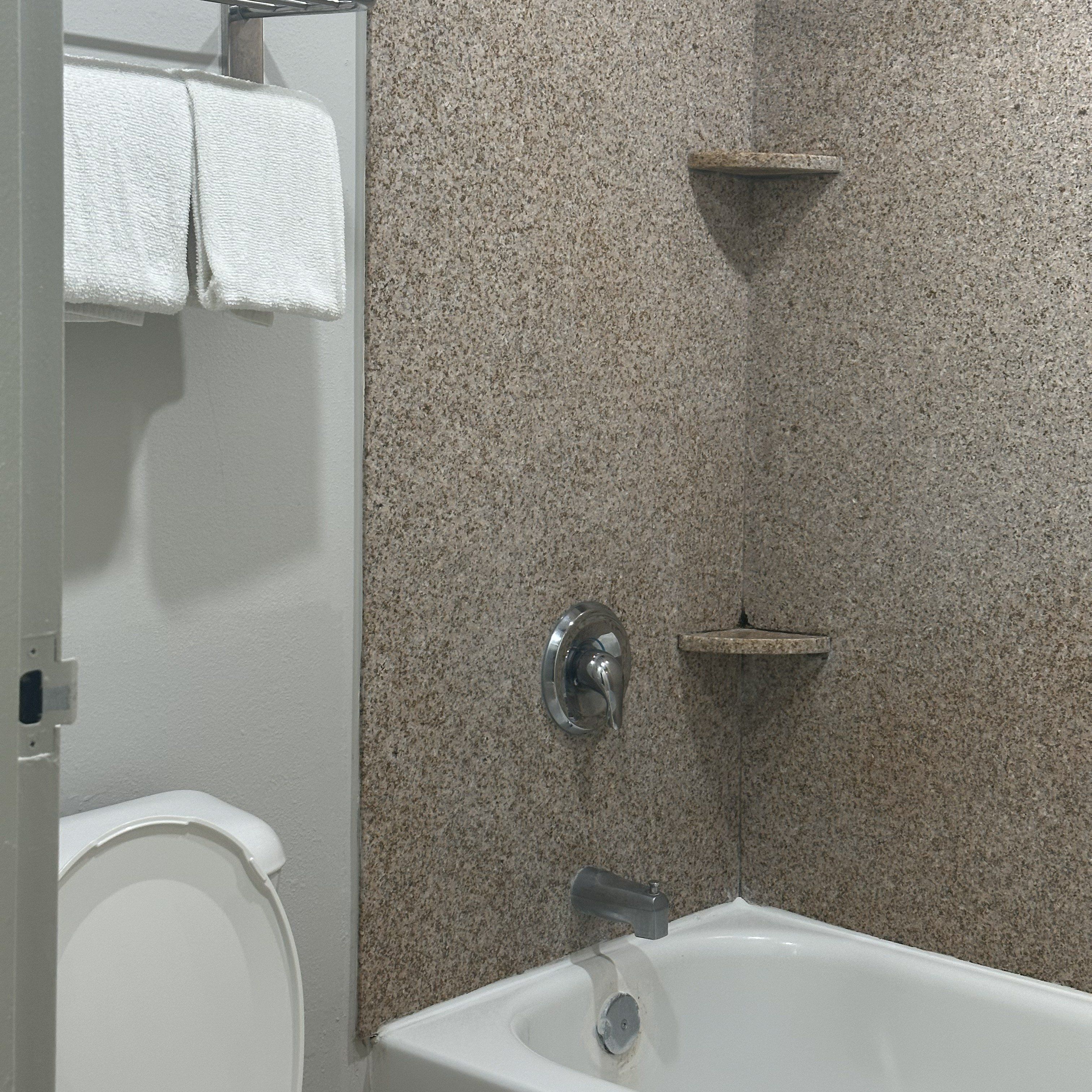 A bathroom with a bathtub, a shower, and a toilet. There are two towel racks on the wall.