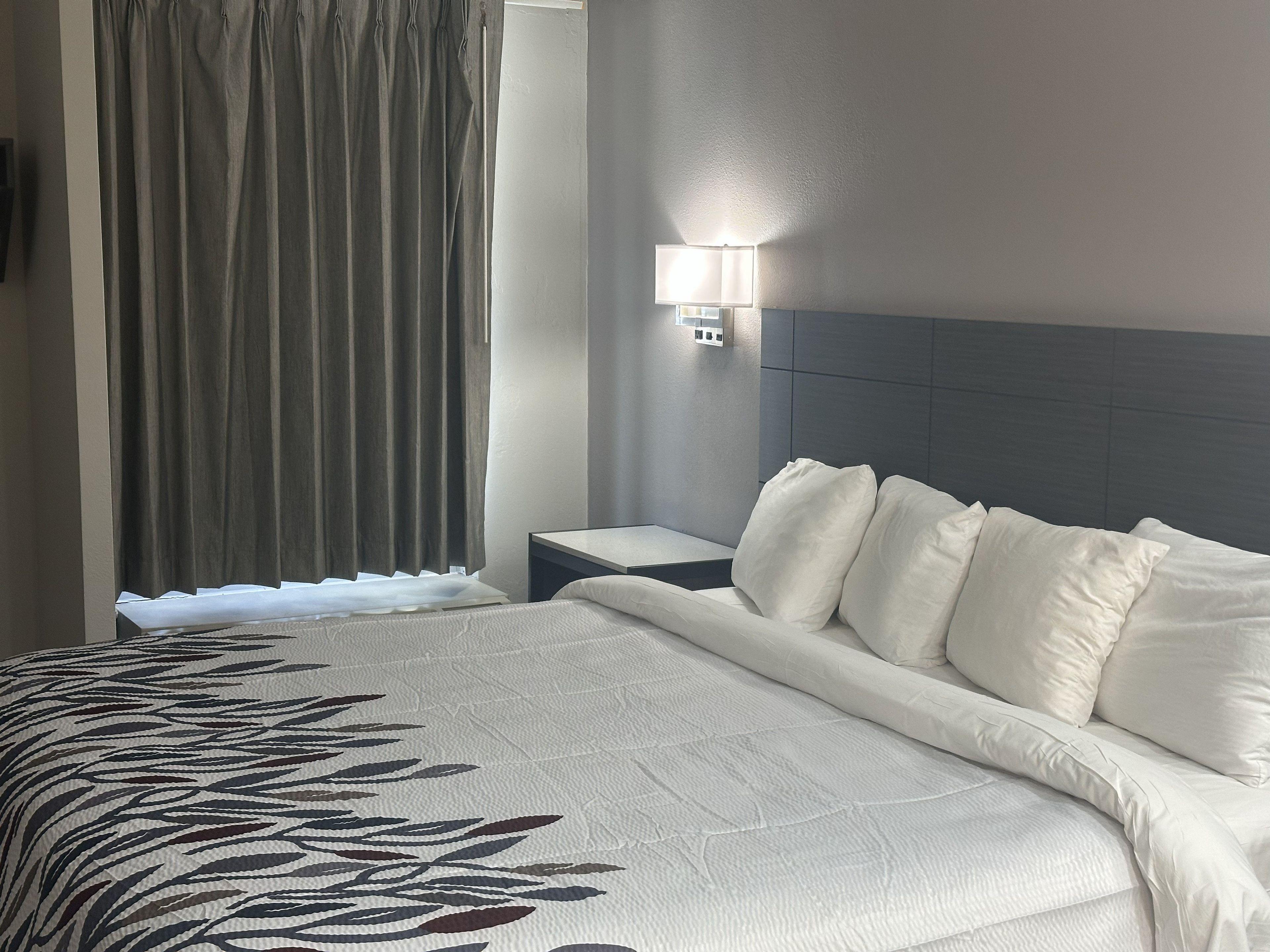 Une chambre d’hôtel avec un grand lit, une table de chevet, une lampe fixée au mur et une fenêtre avec des rideaux.