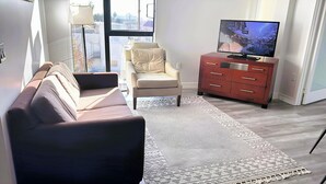 A modern living room with a sofa, a chair, a TV on a wooden cabinet, and a patterned rug.