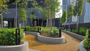 A landscaped outdoor area with planters, trees, and a curved pathway.
