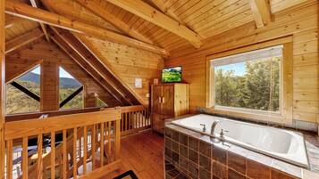 A wooden cabin interior with a bathroom, a TV, and a view of the outdoors.