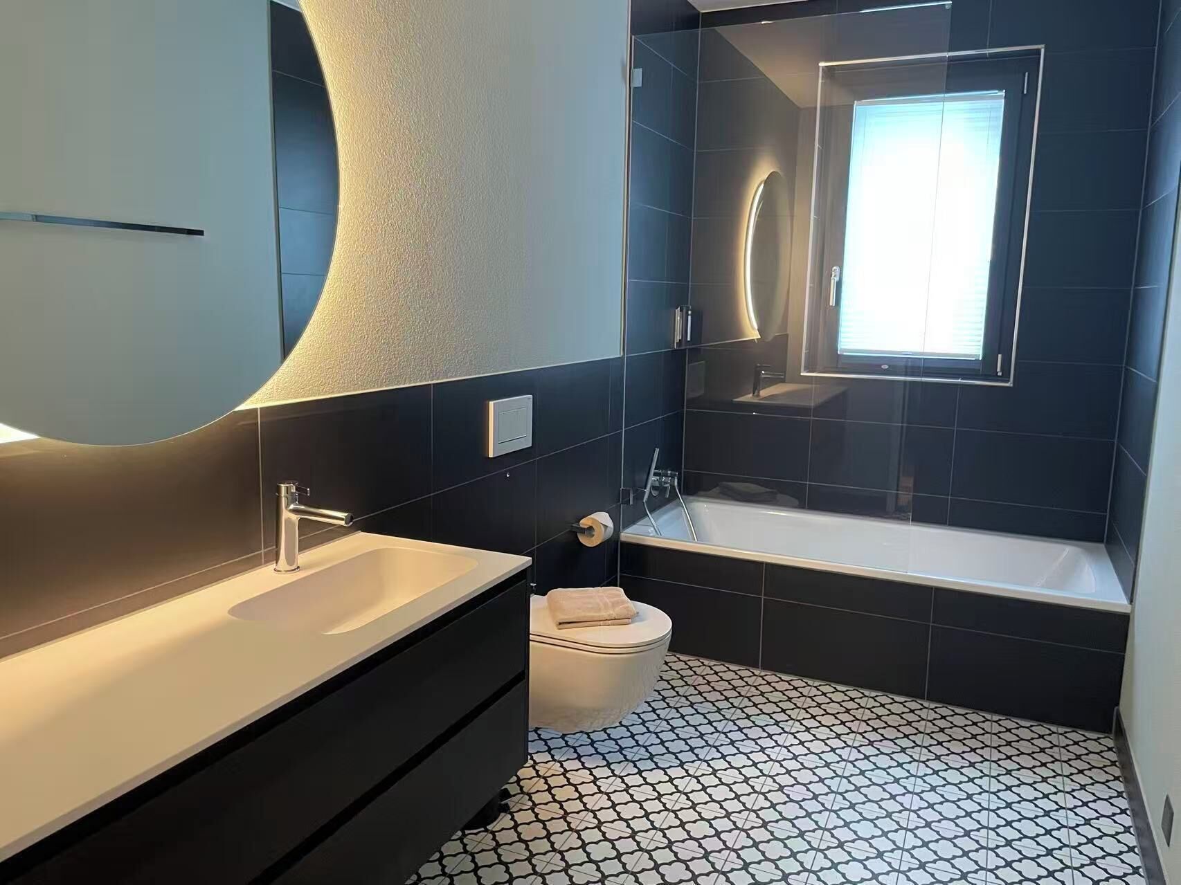 Hair dryer, towels, soap, toilet paper