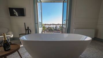 Hair dryer, bidet, towels, soap