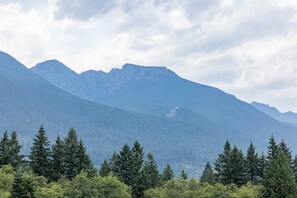 A mountain landscape with dense forest in the foreground and a range of mountains in the background.