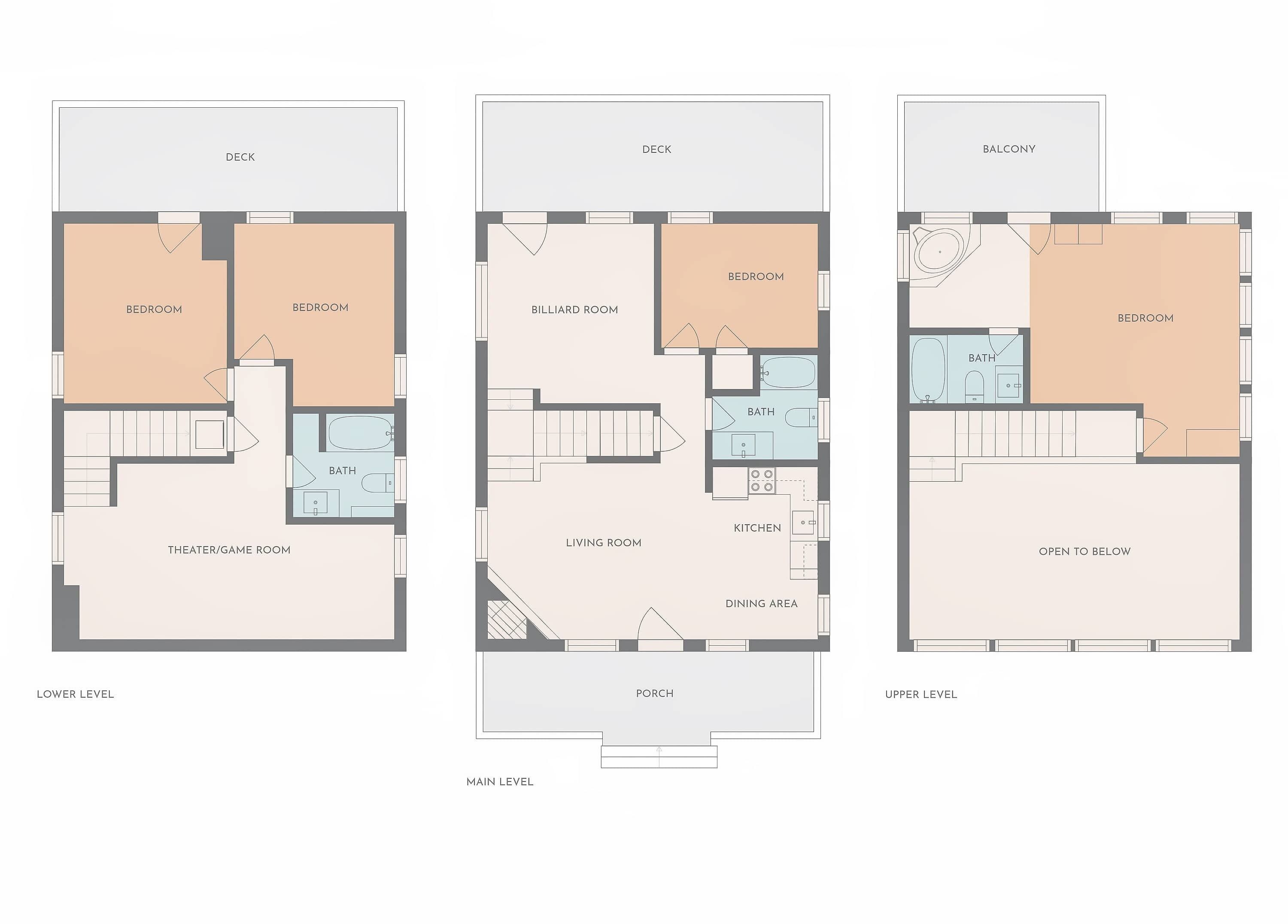 Drei Grundrisse eines Hotels mit einer Terrasse, zwei Schlafzimmern, einem Billardraum, einem Wohnzimmer, einer Küche, einer Essecke, einem Badezimmer, einem Theater-/Spielzimmer und einem Balkon.