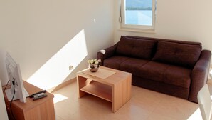 A living room with a brown sofa, a wooden coffee table, and a TV on a stand. - Amazing apartment in Klek with WiFi (Klek)