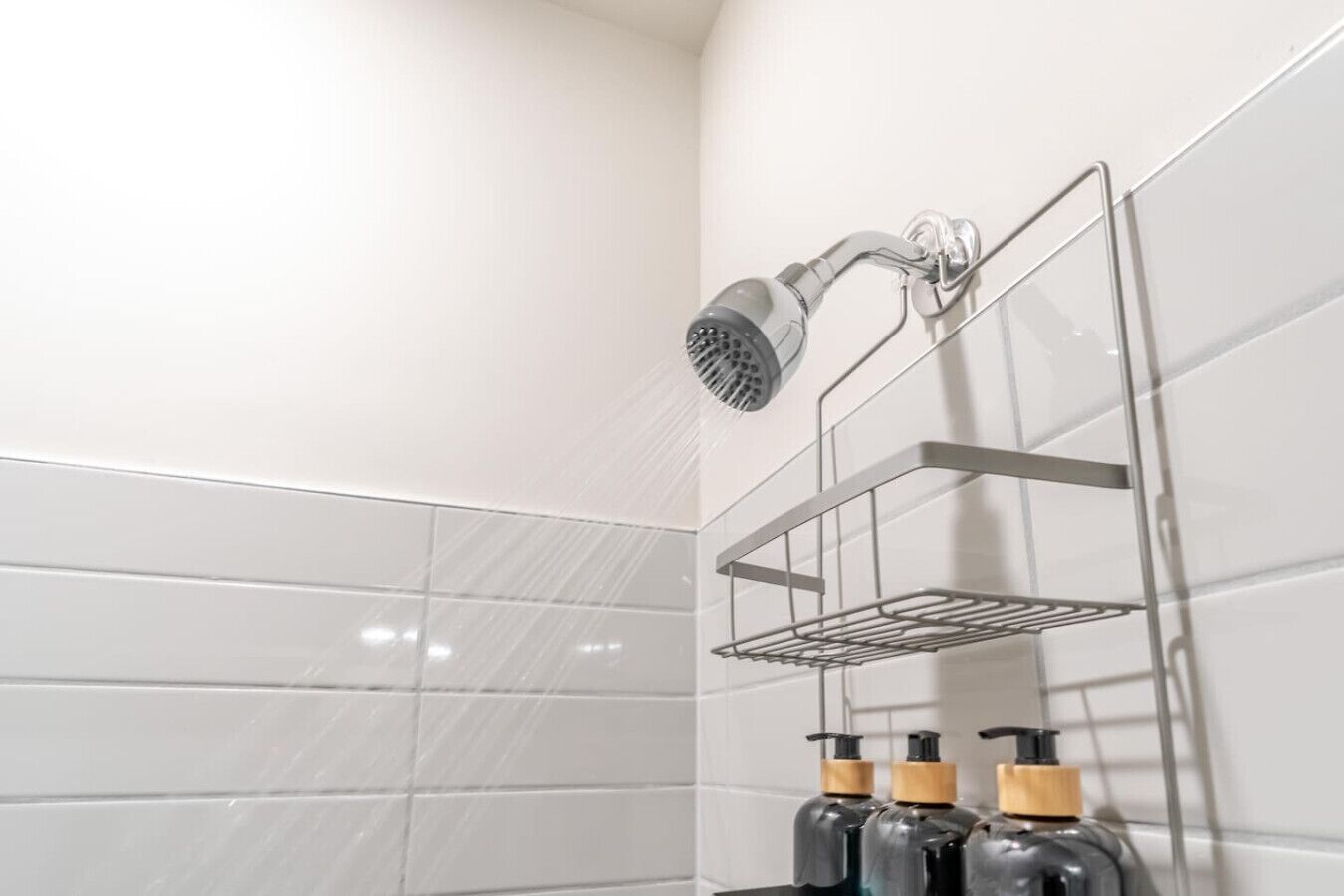 Ein Badezimmer mit Dusche, einem Metallregal und drei Seifenflaschen.