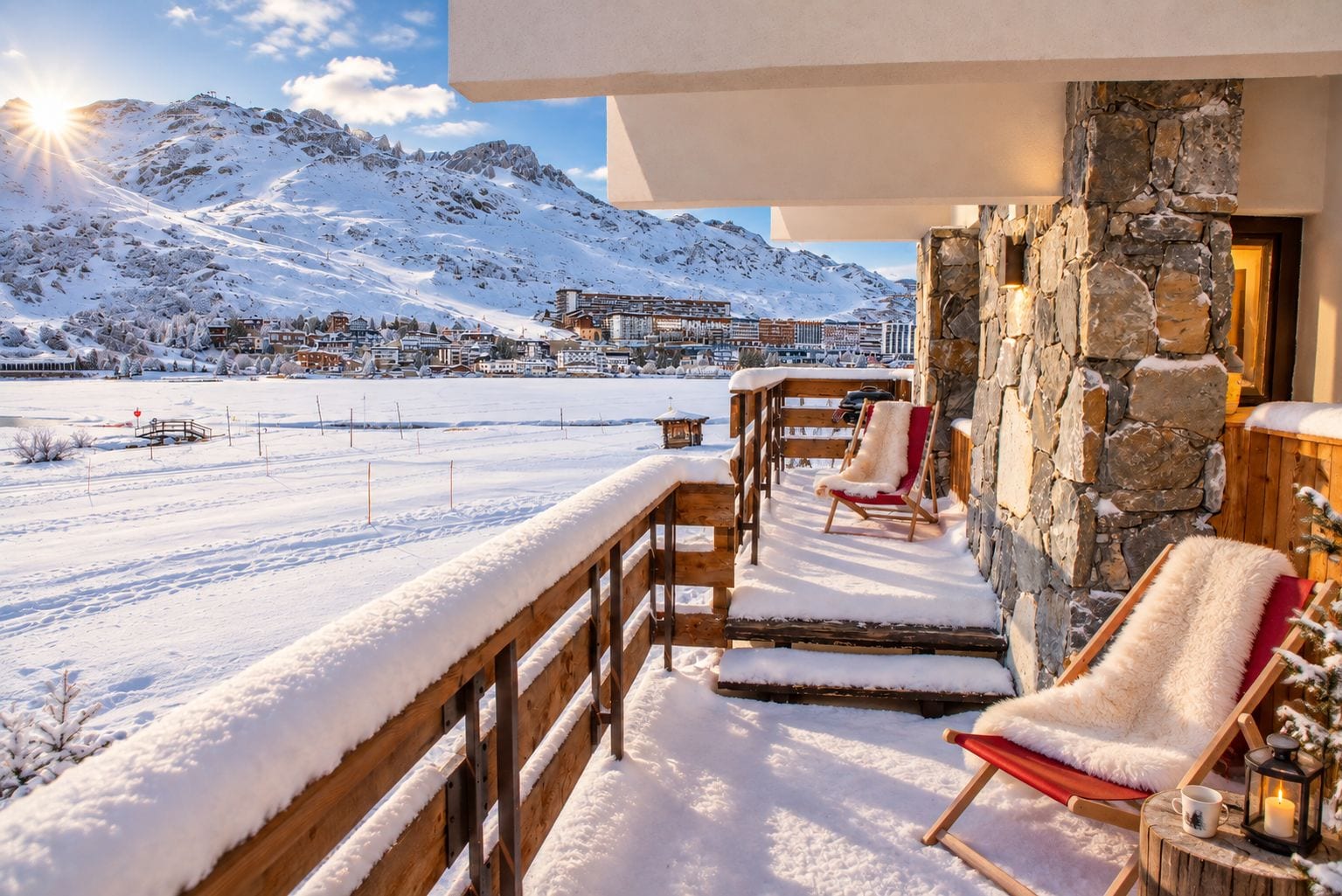 A snow-covered balcony with wooden railings, a stone wall, and a red chair.