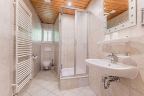 A bathroom with a shower, toilet, and sink. - Binzer Waldhof - Igelhaus (Binz)