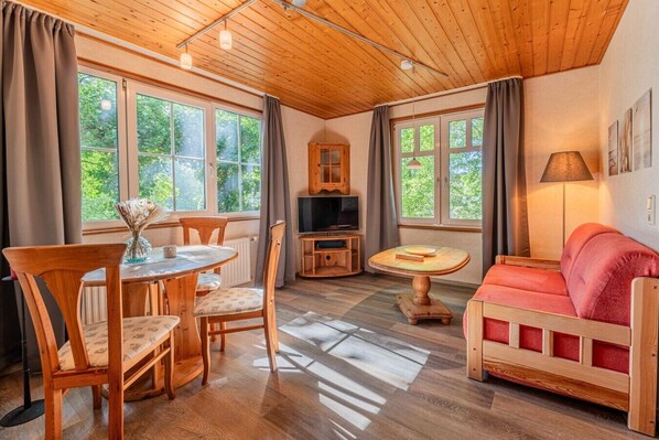A cozy room with wooden furniture, a TV, and large windows.