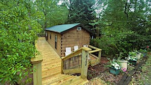 A wooden cabin with a deck and a fenced porch, surrounded by dense forest.