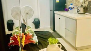 Una cocina compacta con refrigerador, pileta y una mesada pequeña. Hay un ventilador en la pared y una planta sobre una pequeña mesa.