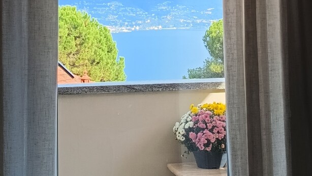 A balcony with a view of a lake, mountains, and a potted plant with flowers. - LAKE Major Gem Gold (Stresa)