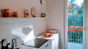 A modern kitchen with white cabinets, a stainless steel induction cooktop, and a kettle. There is a small fruit bowl on the counter and a window with a view of greenery outside. - LAKE Major Gem Gold (Stresa)