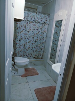 Ein Badezimmer mit Toilette, Waschbecken und Duschbereich.
