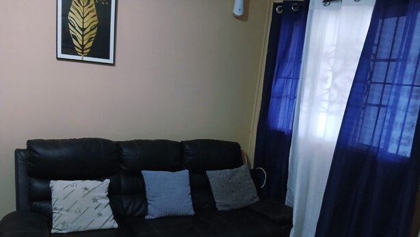 Un sofá de cuero negro con cojines estampados, un cuadro con motivos de hojas en la pared y una cortina azul entreabierta.