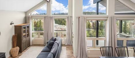 Smart-tv, eldstad och böcker