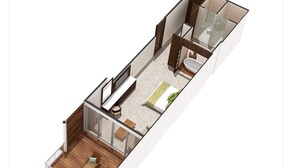 Plano de planta en 3D de un apartamento moderno con balcón, sala de estar, dormitorio y baño.