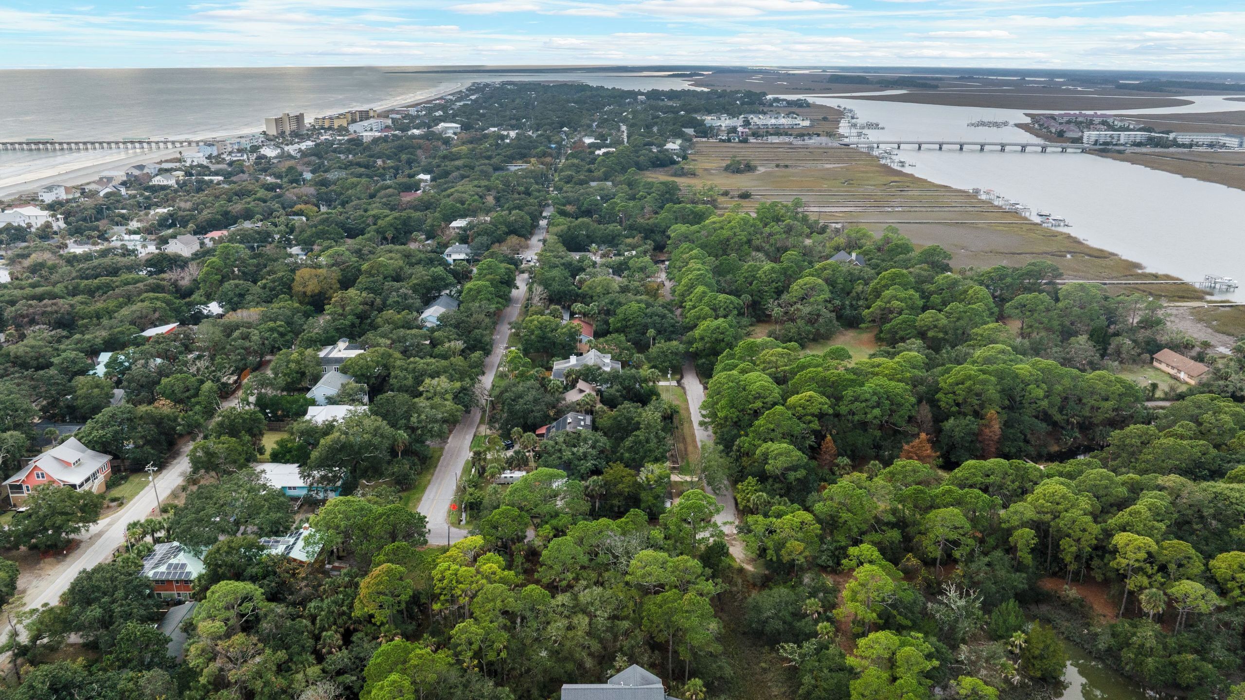 Luchtbeeld van een kustplaatsje met weelderige begroeiing, een strand en een brug die twee delen verbindt.