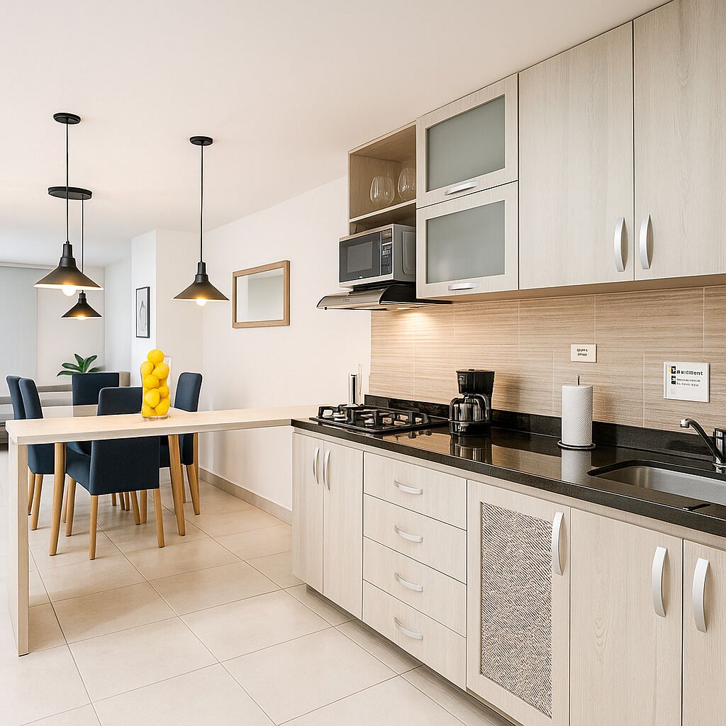 A modern kitchen with light wood cabinets, a gas stove, a microwave, and hanging pendant lights.