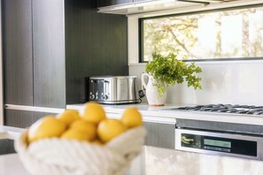 Fridge, microwave, oven, stovetop