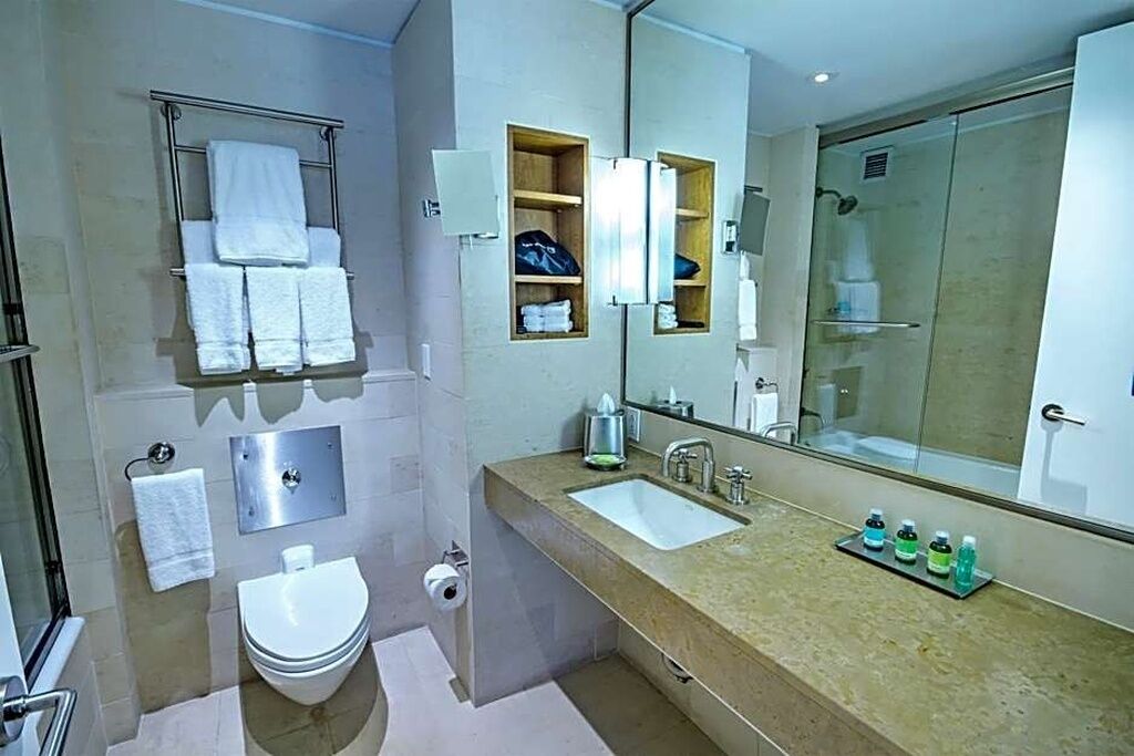 Hair dryer, towels, soap, toilet paper