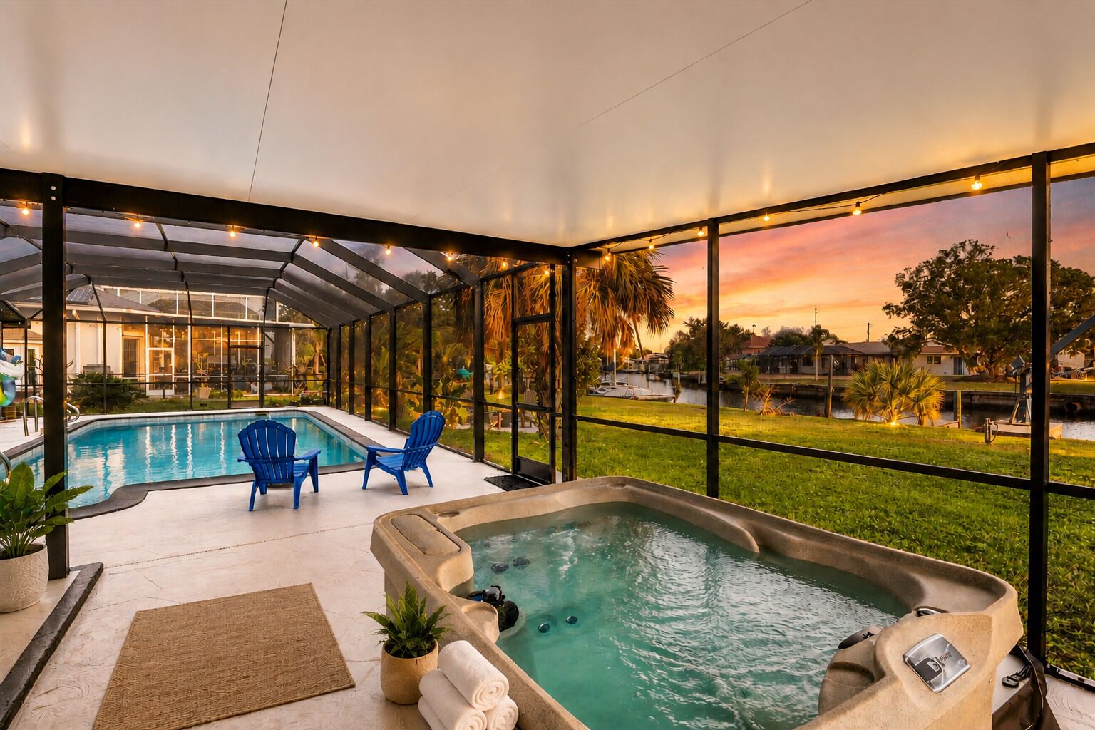 A modern indoor pool area with a hot tub, lounge chairs, and a view of the sunset.