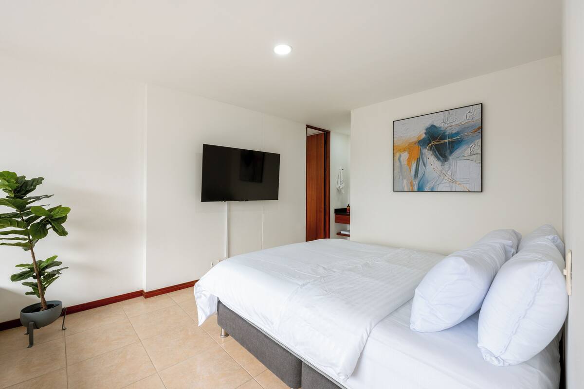 A modern bedroom with a large bed, a flat-screen TV mounted on the wall, a potted plant, and a piece of abstract art.