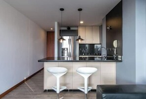 Appartamento Luxury, vista città | Cucina privata | Frigorifero con congelatore, microonde, forno, piano cottura