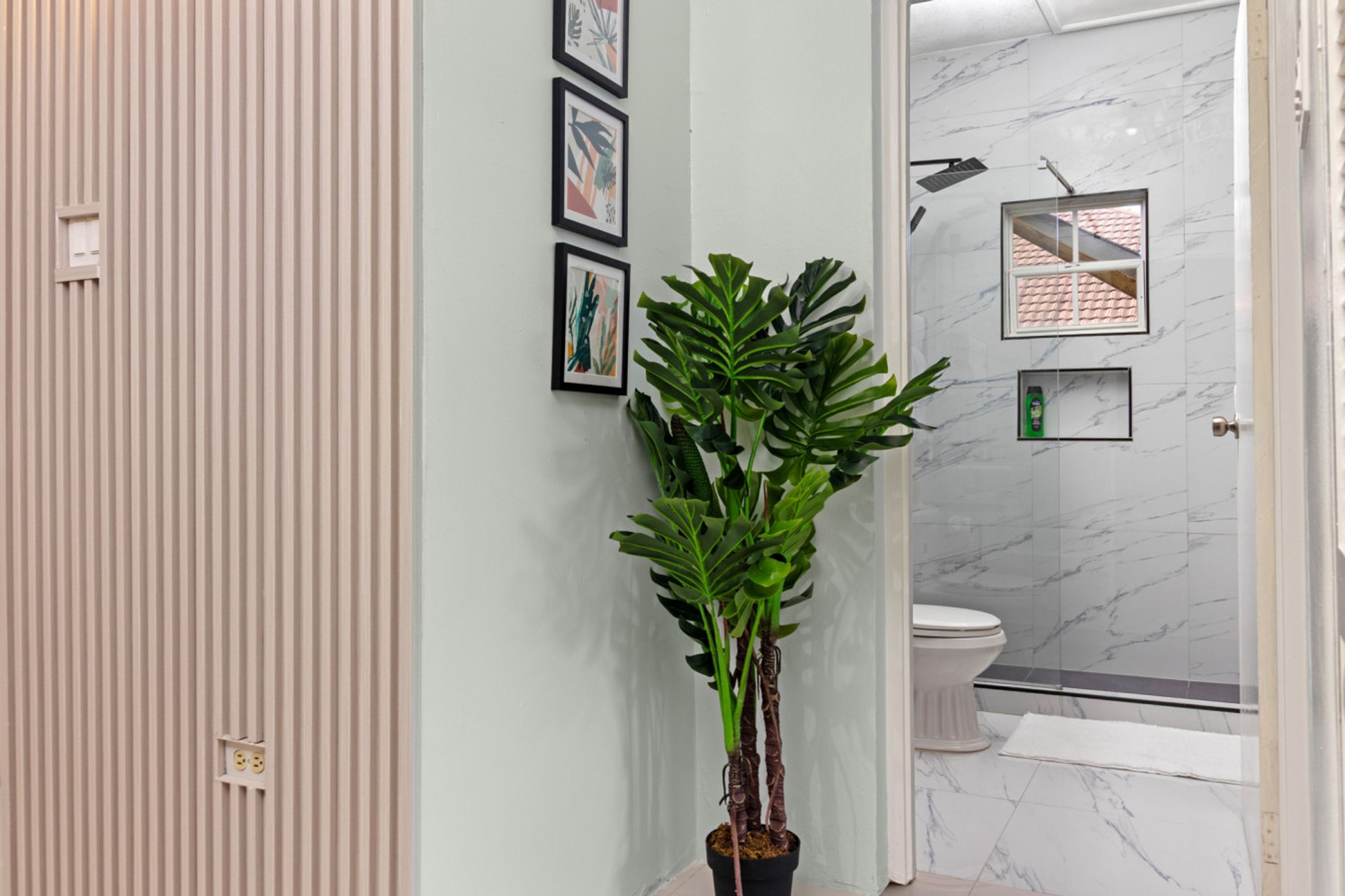 A bathroom with a shower, toilet, and a potted plant.